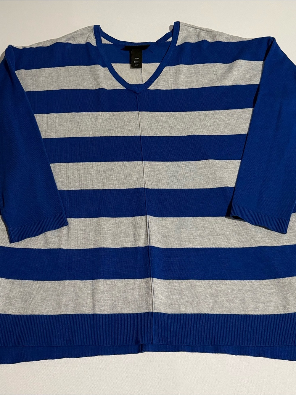 Lane Bryant Blue and Gray Striped V-Neck Sweater Top